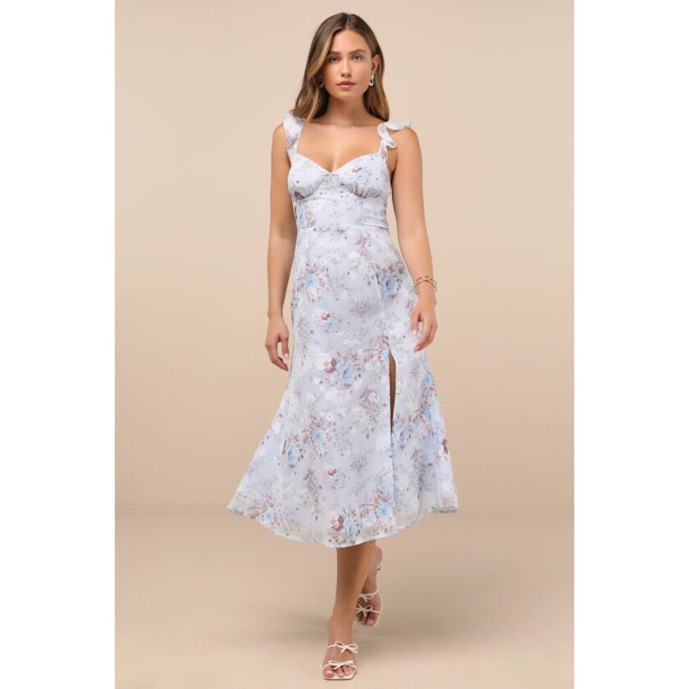 Lulus Delightful Direction Blue Floral Ruffled Tie-strap Midi Dress - Size S